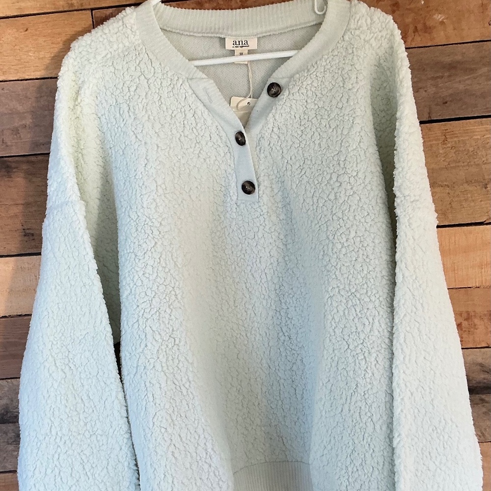 A.N.A. 3X White Faux Fur Sherpa Pullover‎ Top Sweater 3-Button Crew Neck NWT